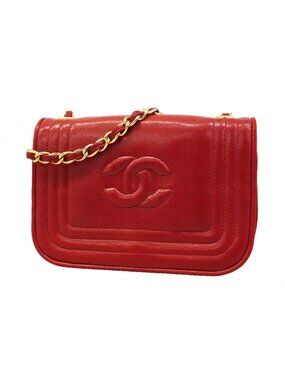 Chanel Shoulder Bag Lambskin Red Gold